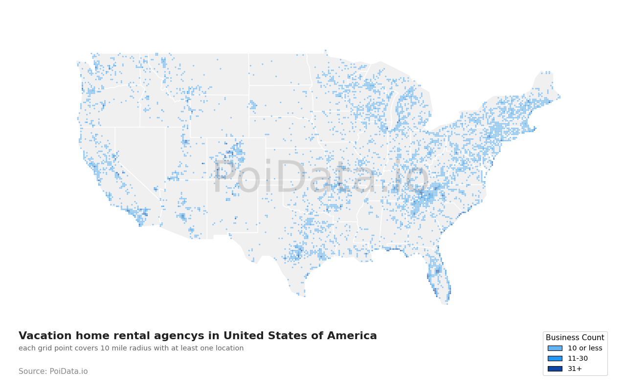 Vacation home rental agency density map for United States