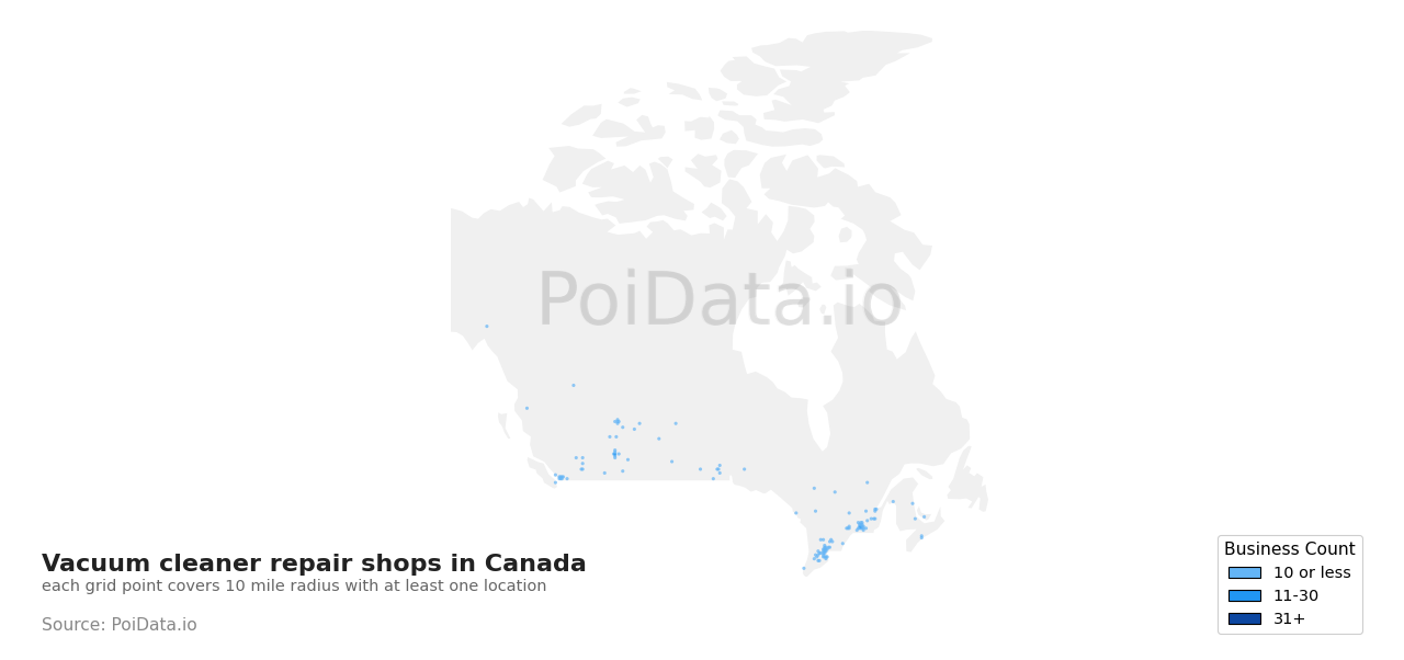 Vacuum cleaner repair shop density map for Canada