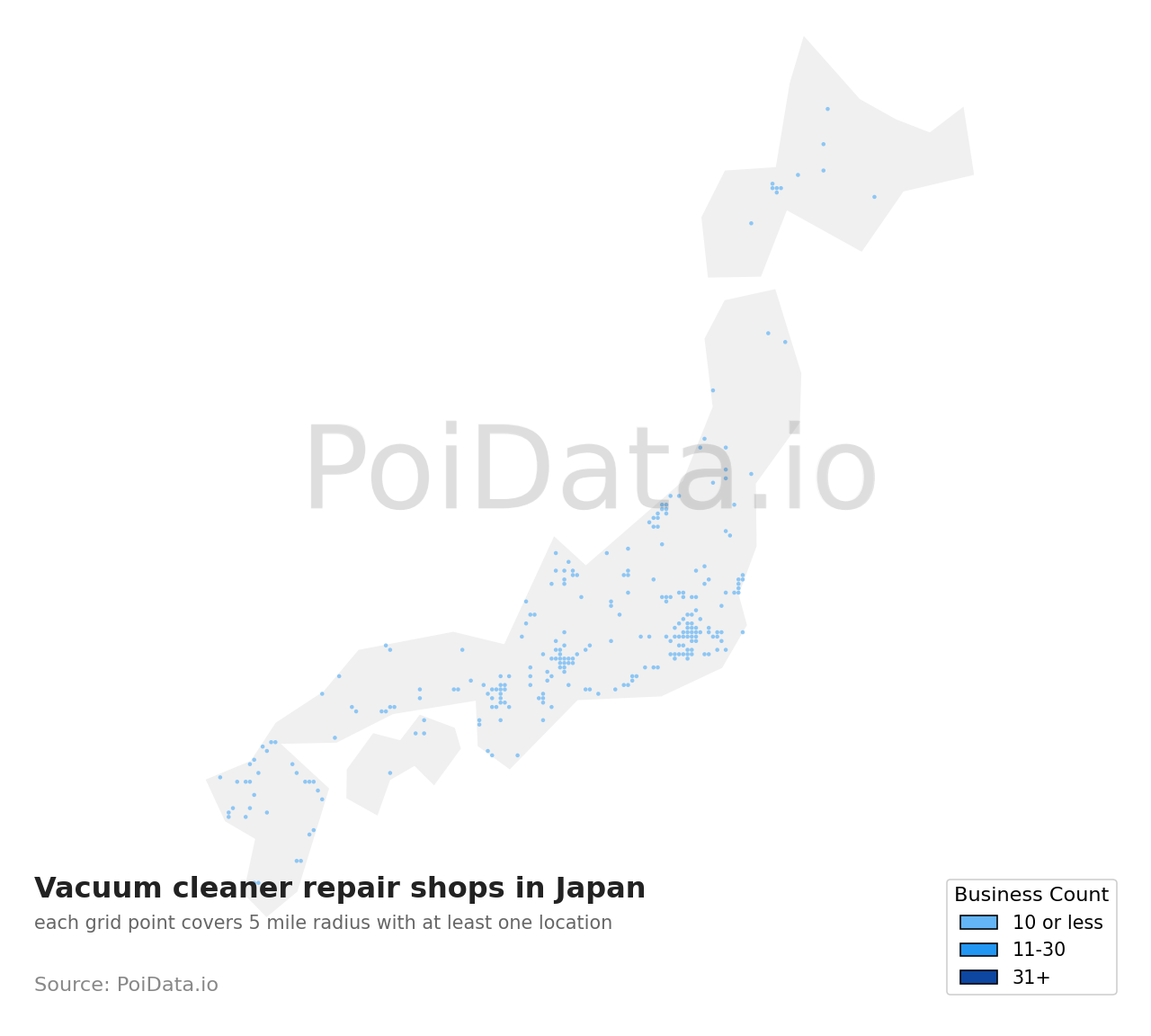 Vacuum cleaner repair shop density map for Japan