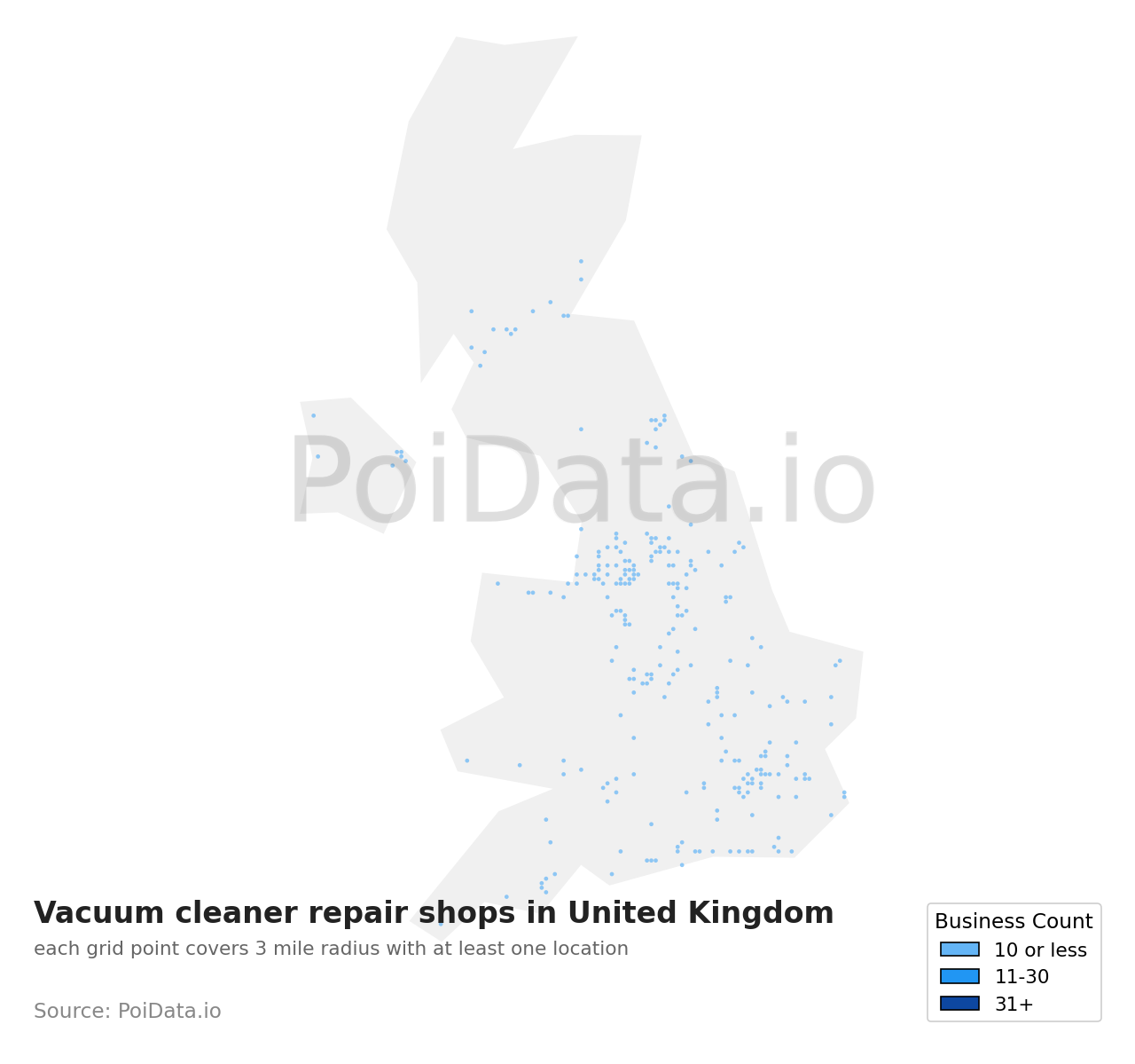 Vacuum cleaner repair shop density map for United Kingdom