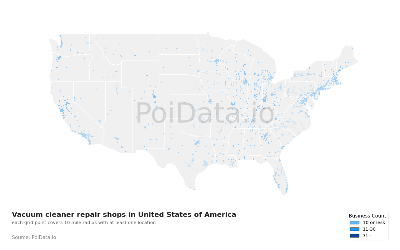 Vacuum cleaner repair shop density map for California, United States