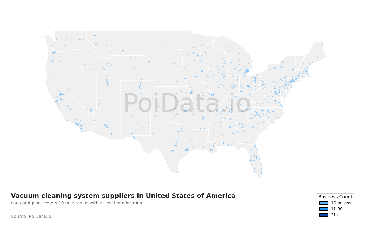 Vacuum cleaning system supplier density map for California, United States