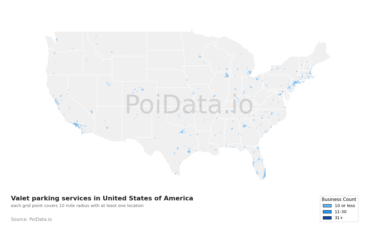 Valet parking service density map for Florida, United States