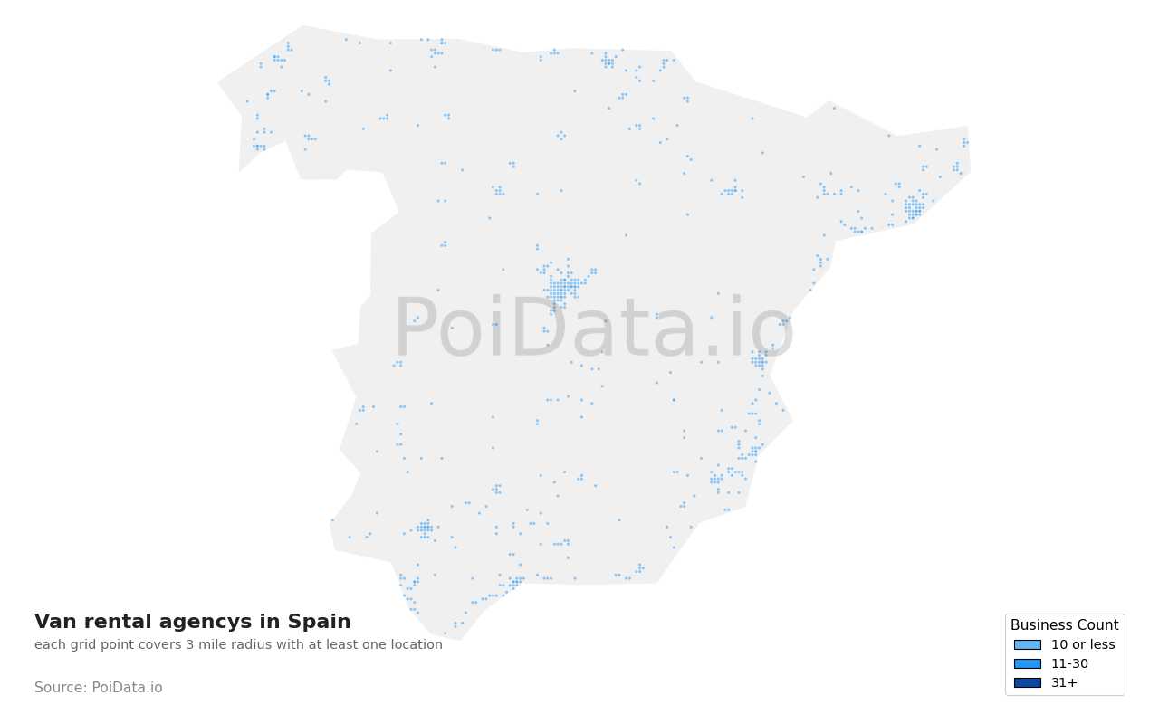 Van rental agency density map for Spain