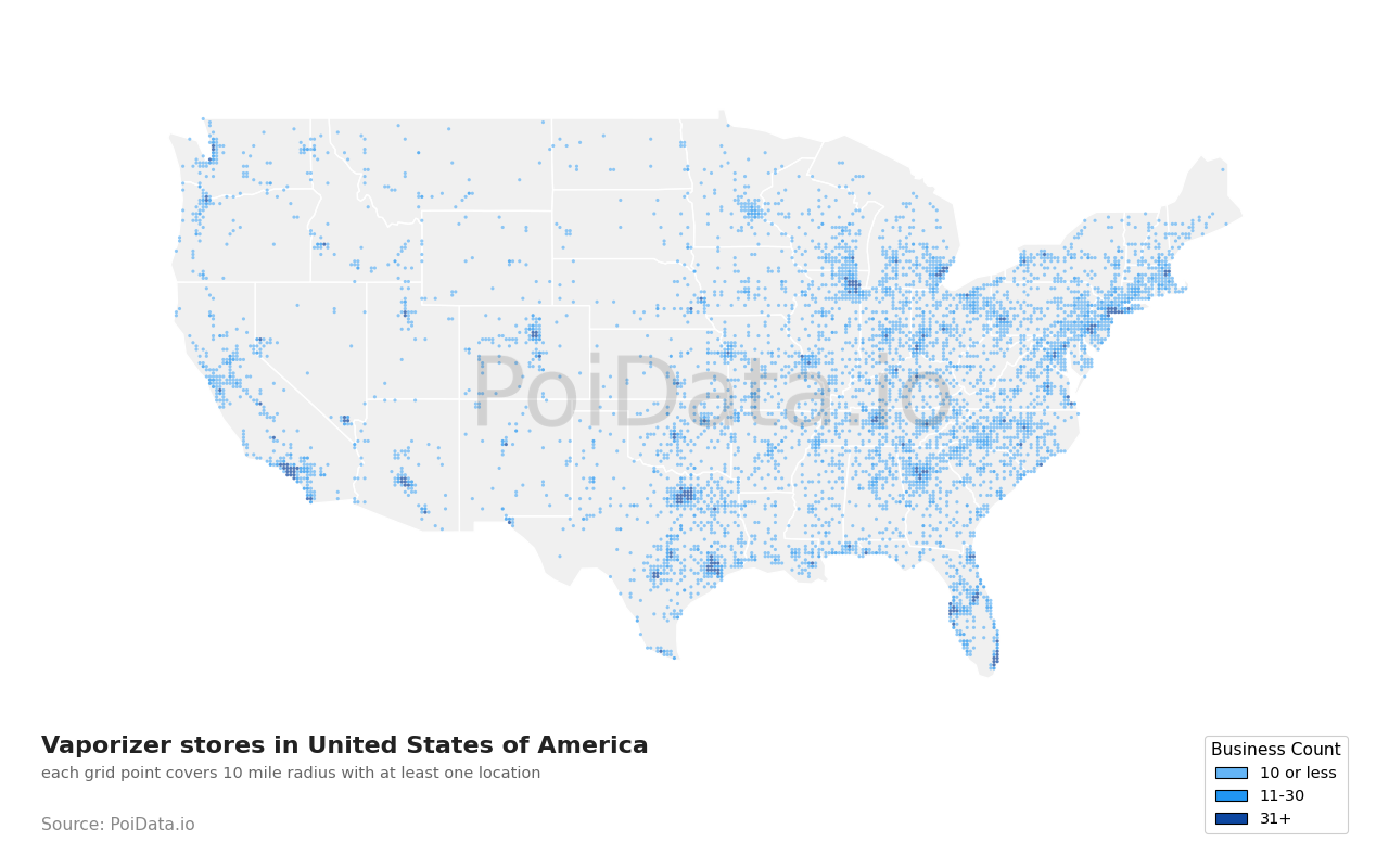 Vaporizer store density map for Pennsylvania, United States