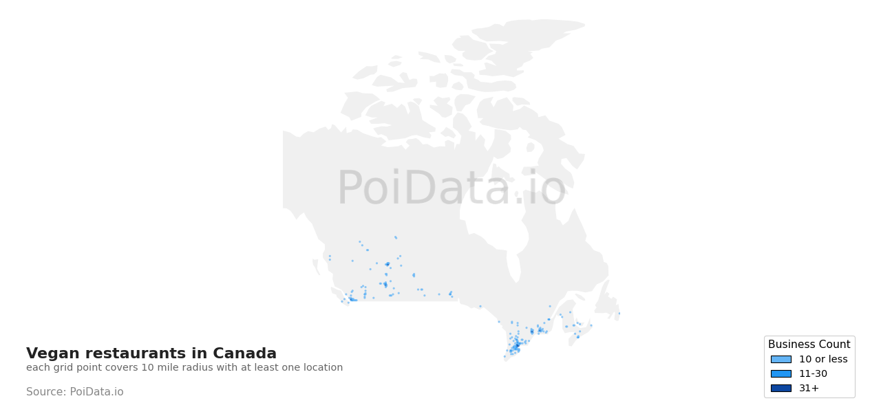 Vegan restaurant density map for Canada