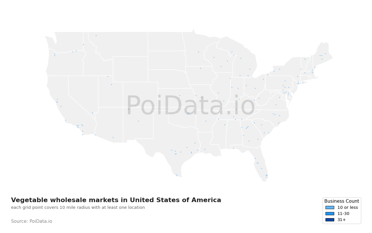 Vegetable wholesale market density map for United States