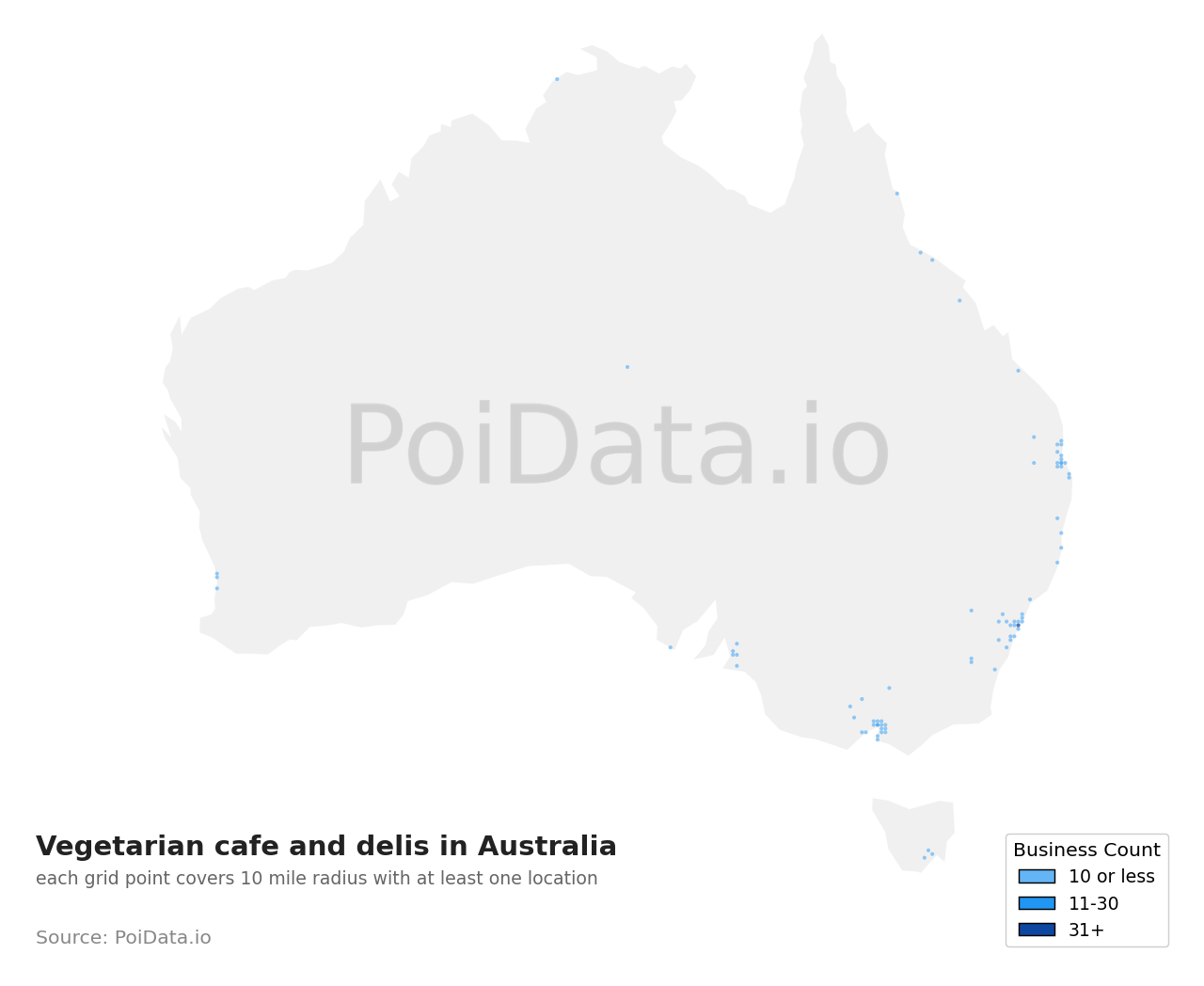 Vegetarian cafe and deli density map for New South Wales, Australia