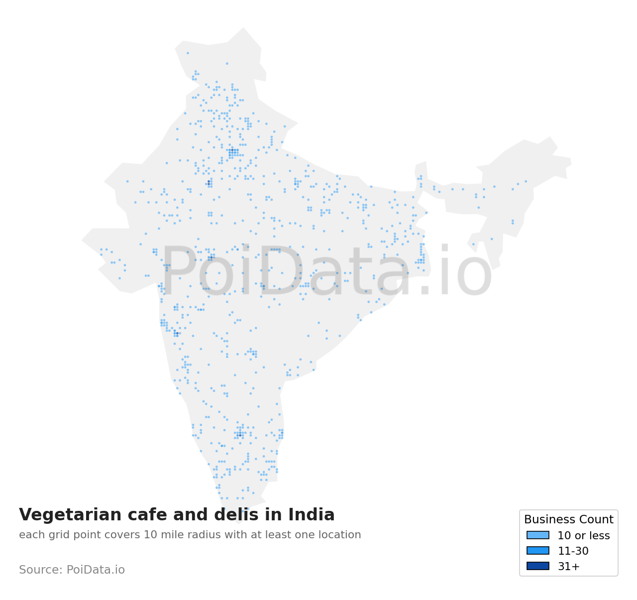 Vegetarian cafe and deli density map for India