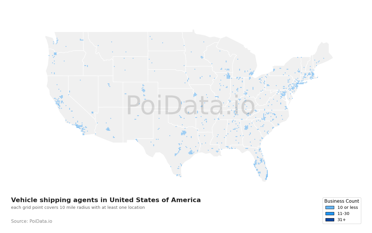 Vehicle shipping agent density map for United States