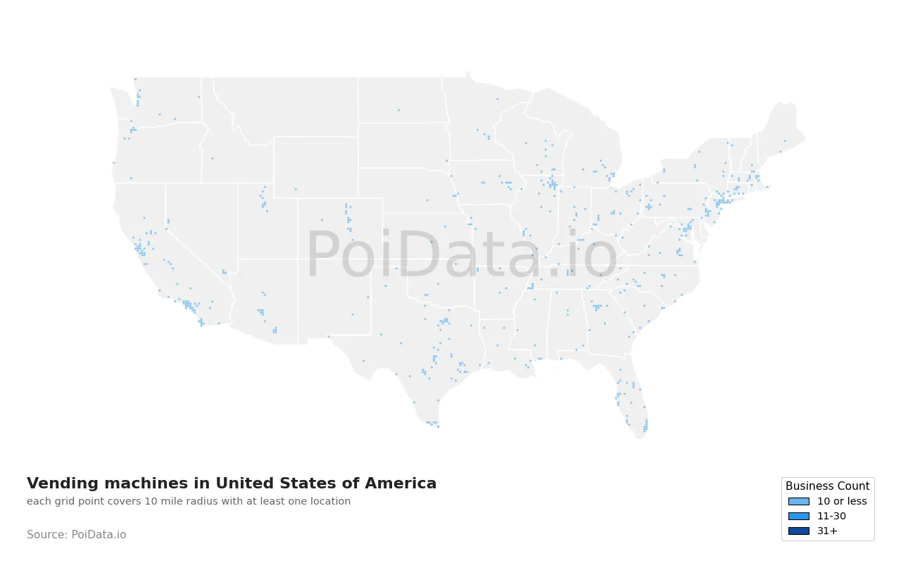 Vending machine density map for United States
