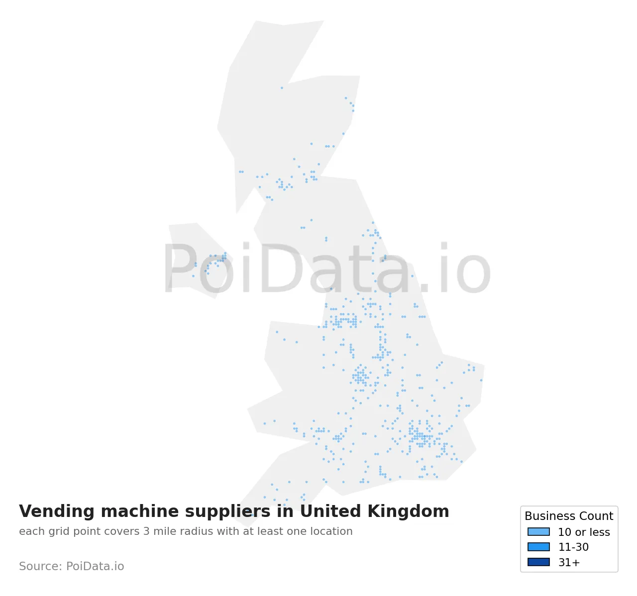 Vending machine supplier density map for United Kingdom