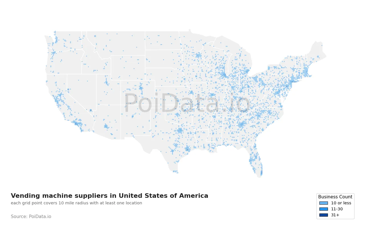 Vending machine supplier density map for United States
