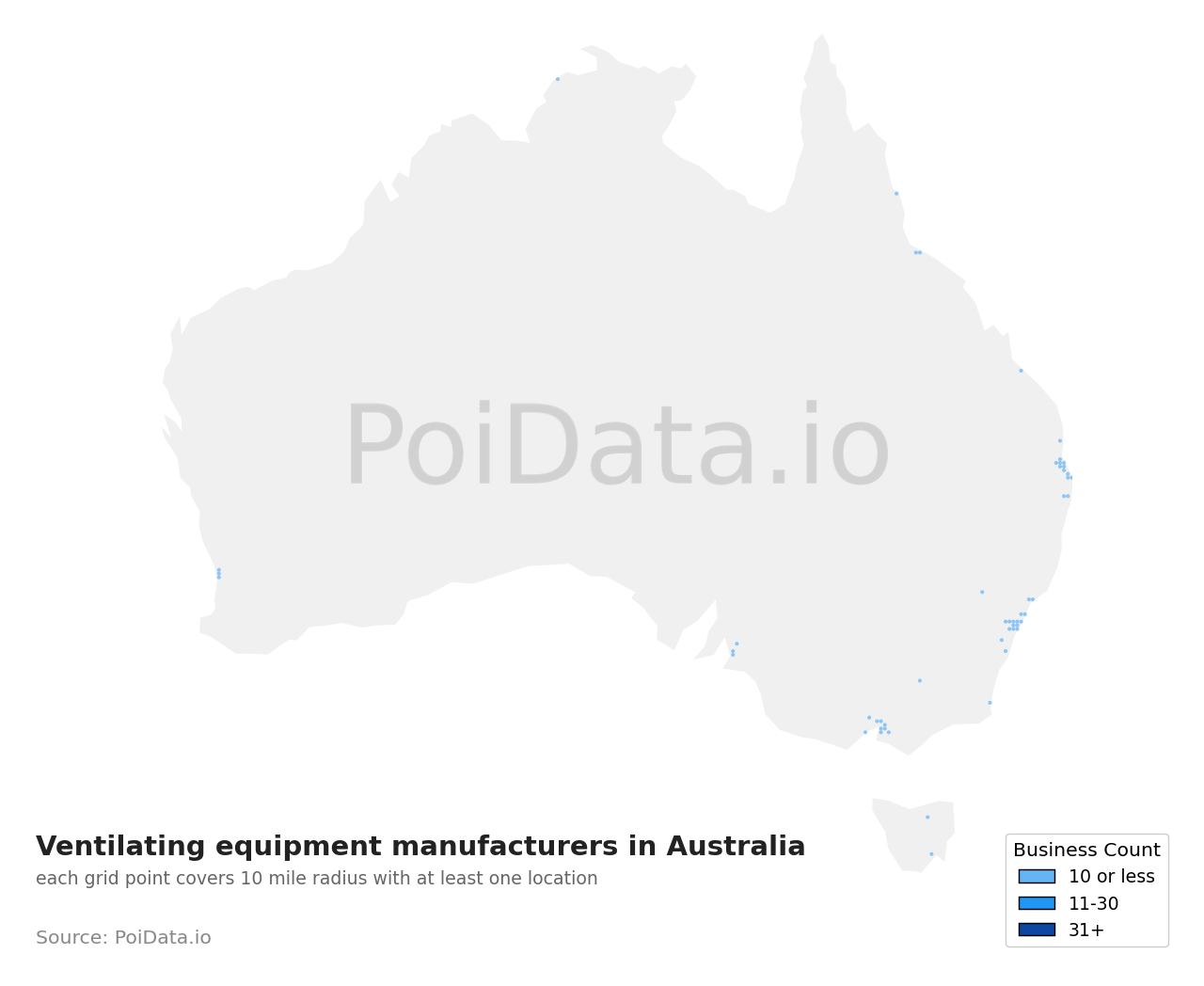 Ventilating equipment manufacturer density map for Tasmania, Australia
