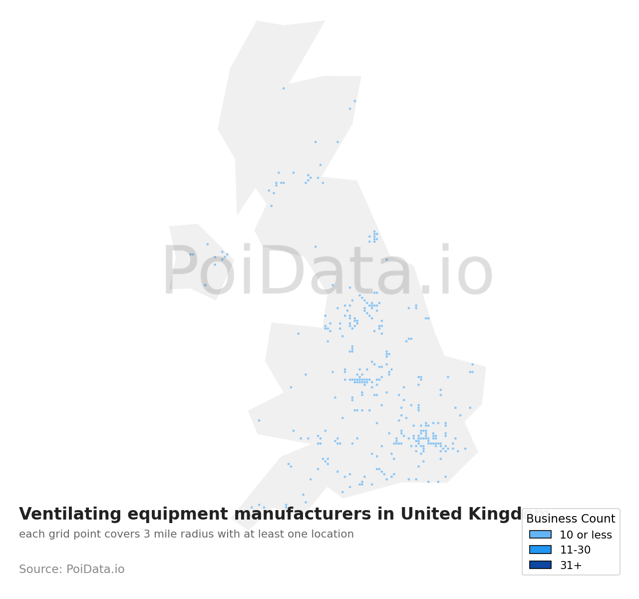 Ventilating equipment manufacturer density map for United Kingdom