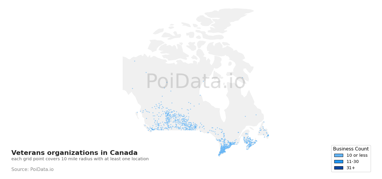 Veterans organization density map for New Brunswick, Canada