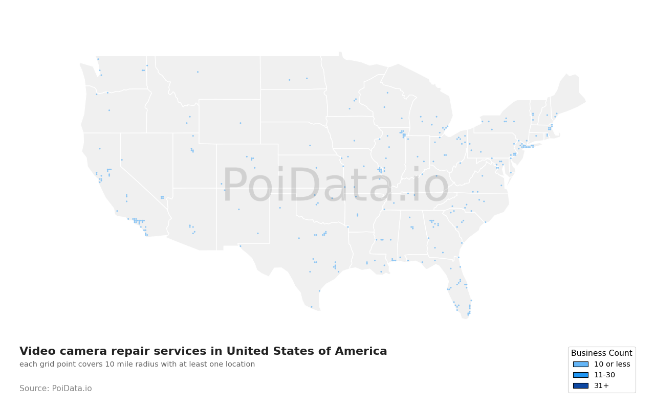 Video camera repair service density map for United States