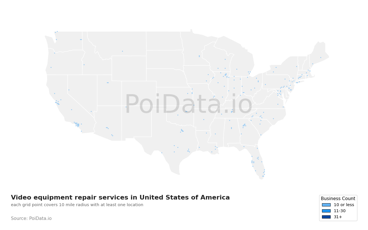 Video equipment repair service density map for United States