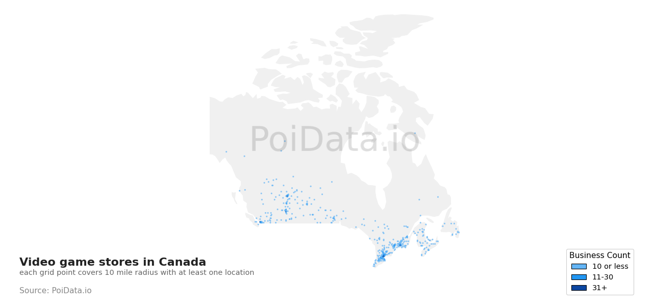 Video game store density map for Canada