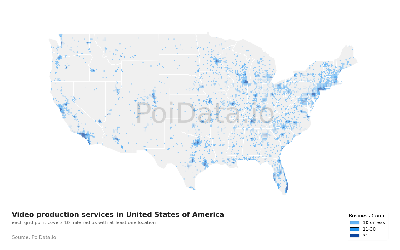 Video production service density map for California, United States