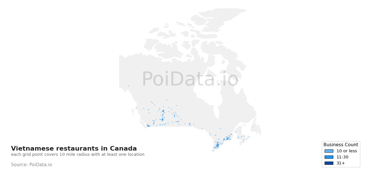 Vietnamese restaurant density map for Alberta, Canada
