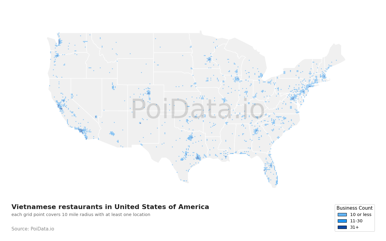 Vietnamese restaurant density map for United States