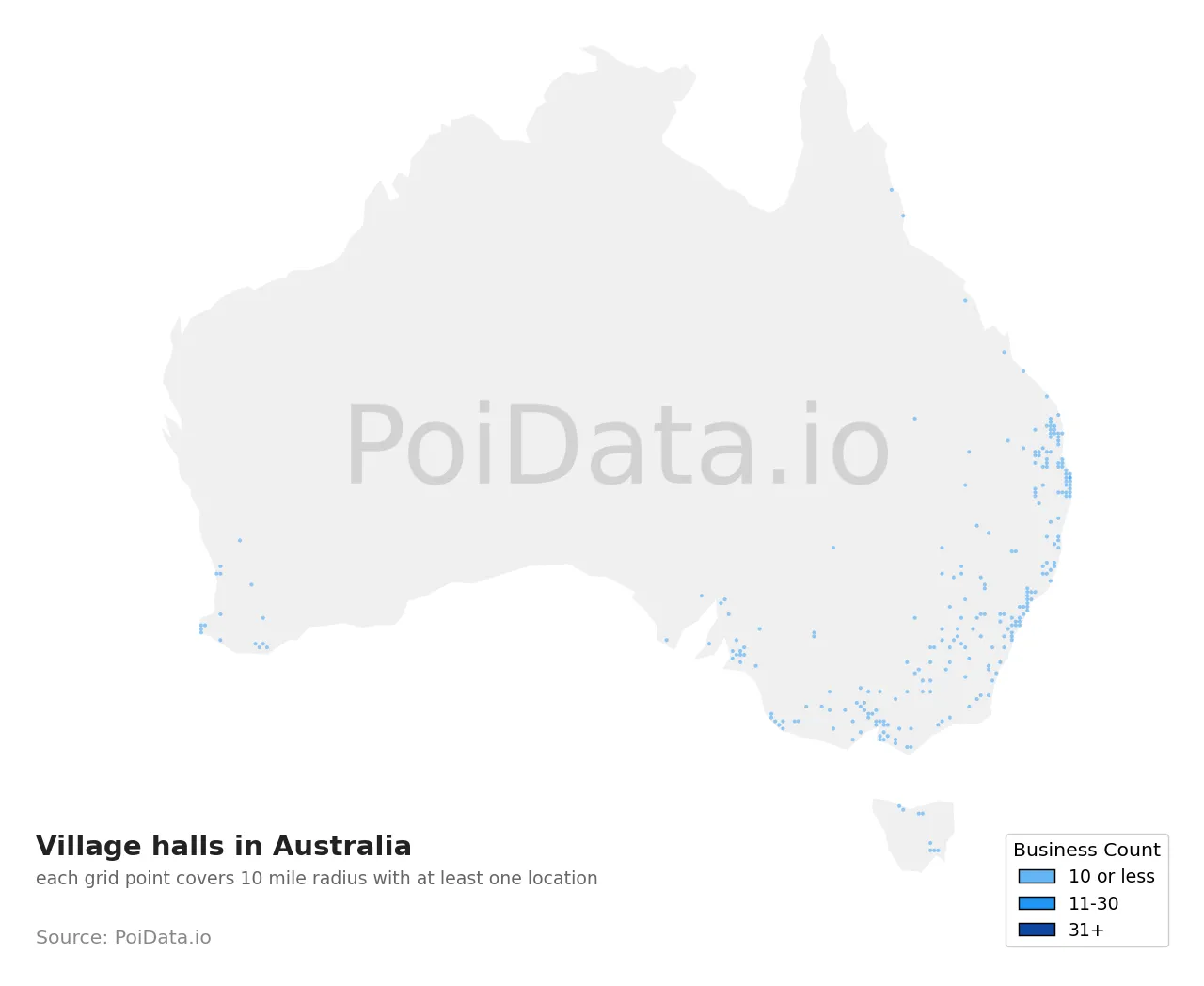 Village hall density map for Australia