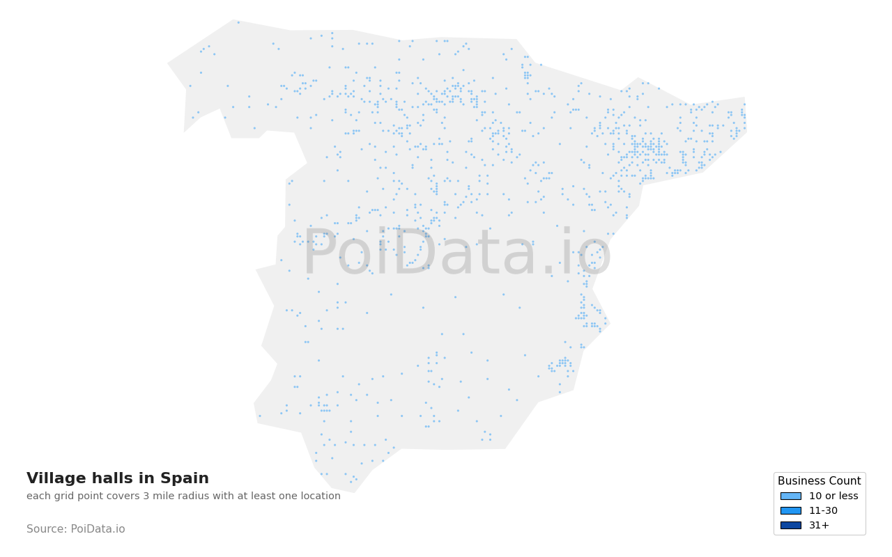 Village hall density map for Spain
