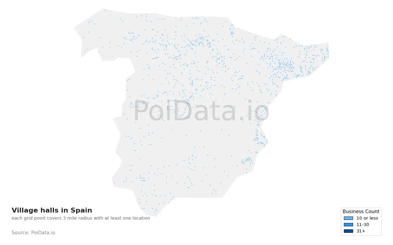 Village hall density map for Spain
