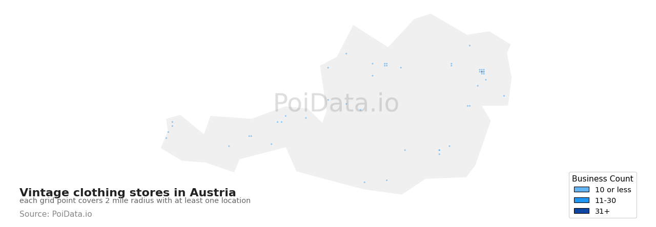Vintage clothing store density map for Austria