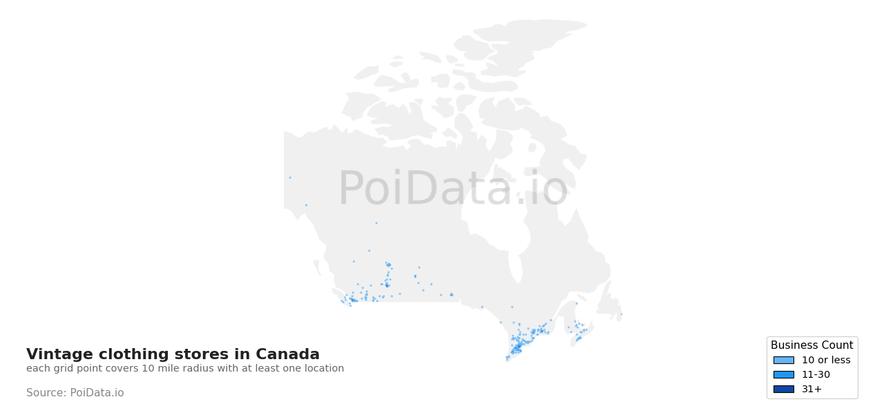 Vintage clothing store density map for Alberta, Canada