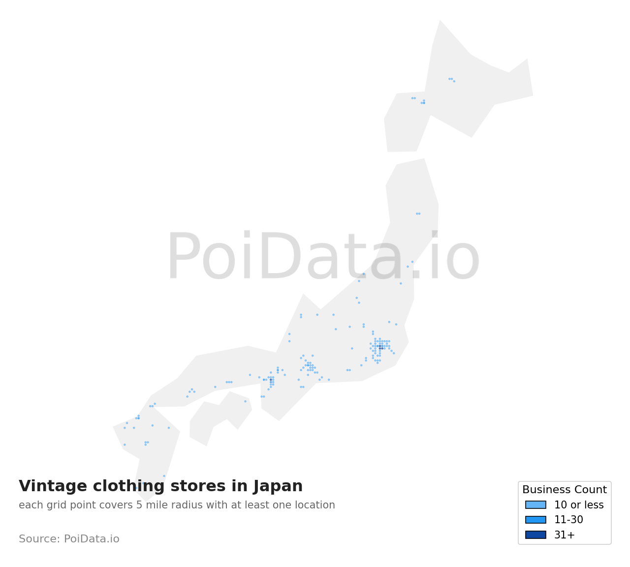 Vintage clothing store density map for Japan