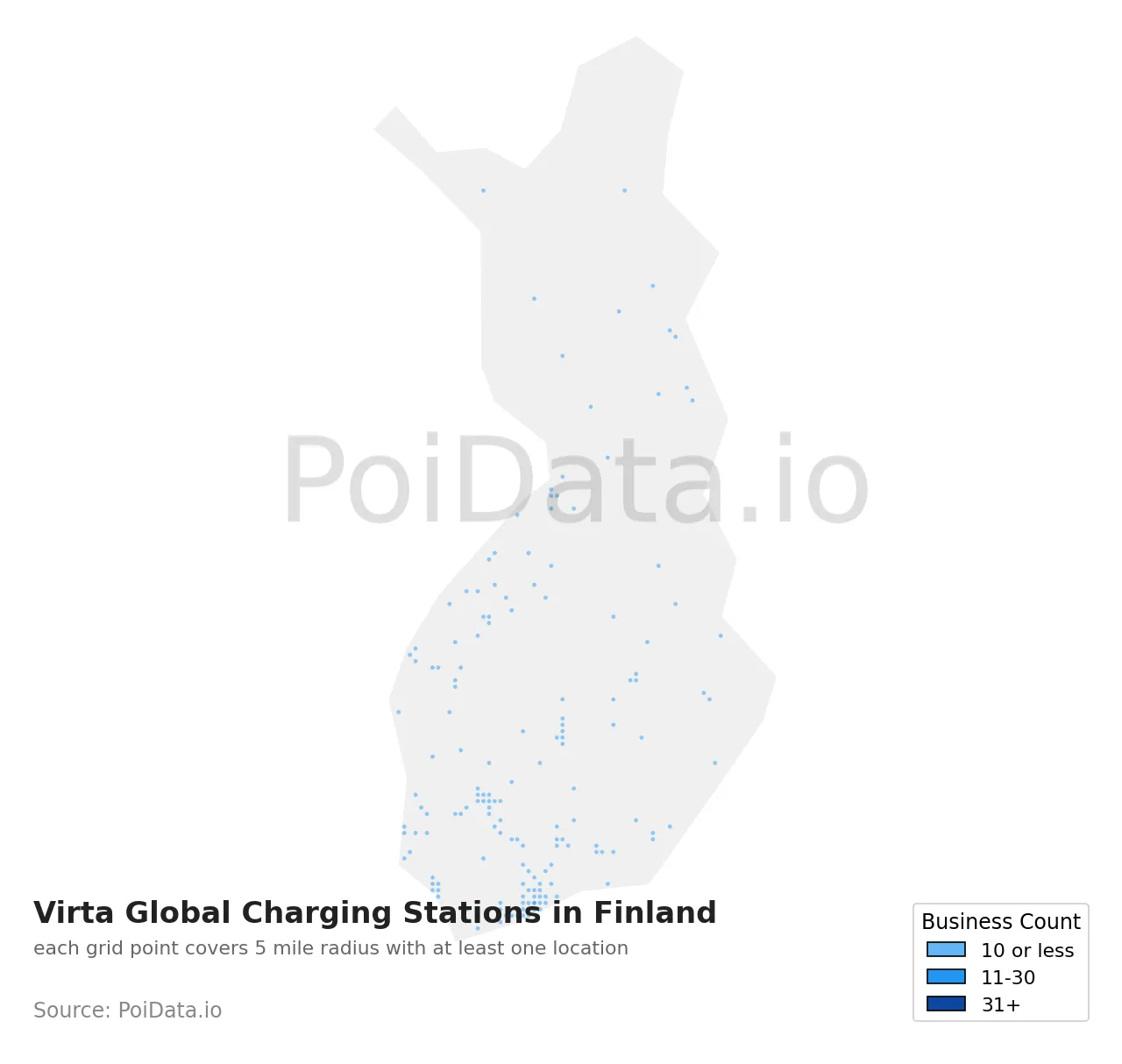 Virta Global Charging Station density map for Finland