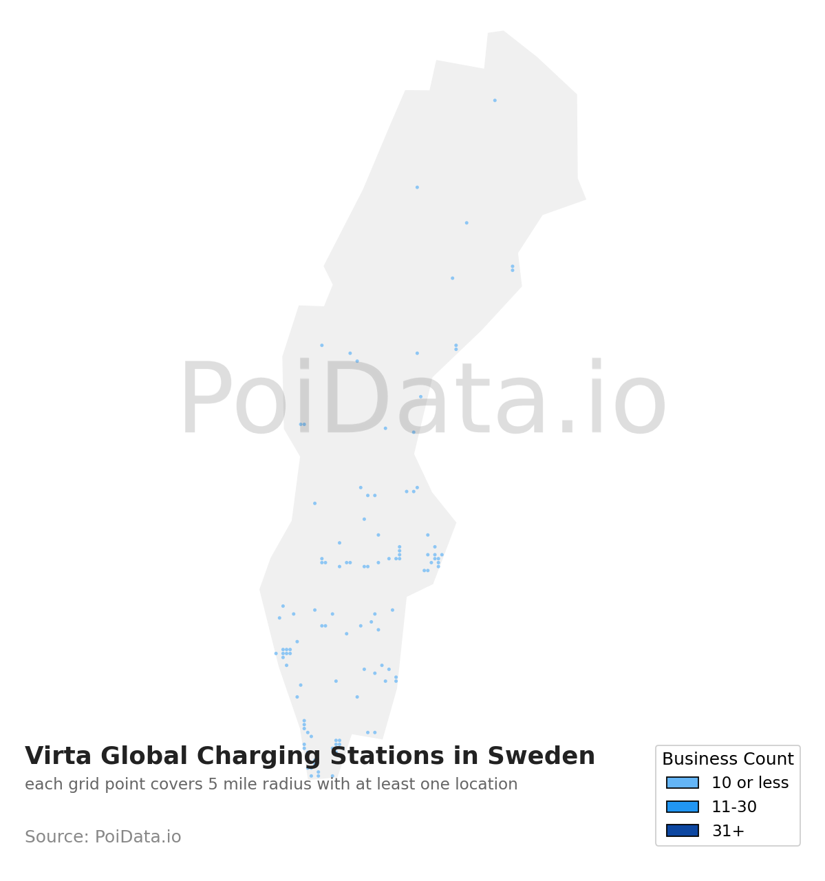 Virta Global Charging Station density map for Sweden