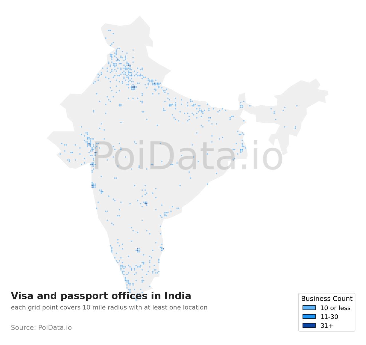 Visa and passport office density map for India