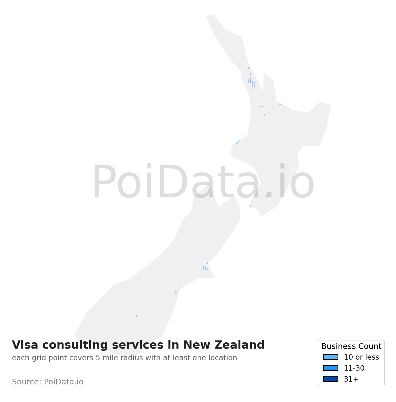Visa consulting service density map for New Zealand