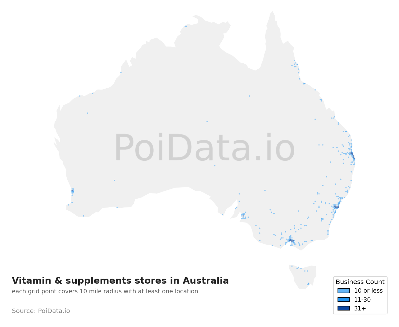 Vitamin & supplements store density map for Australia