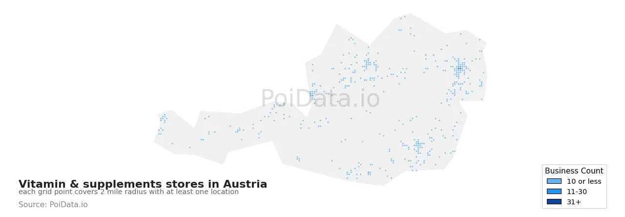 Vitamin & supplements store density map for Austria