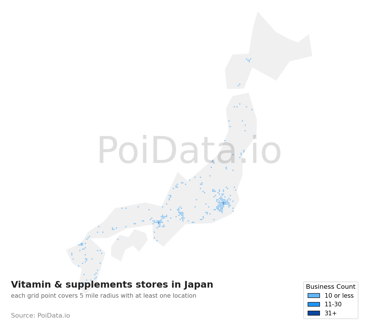 Vitamin & supplements store density map for Japan