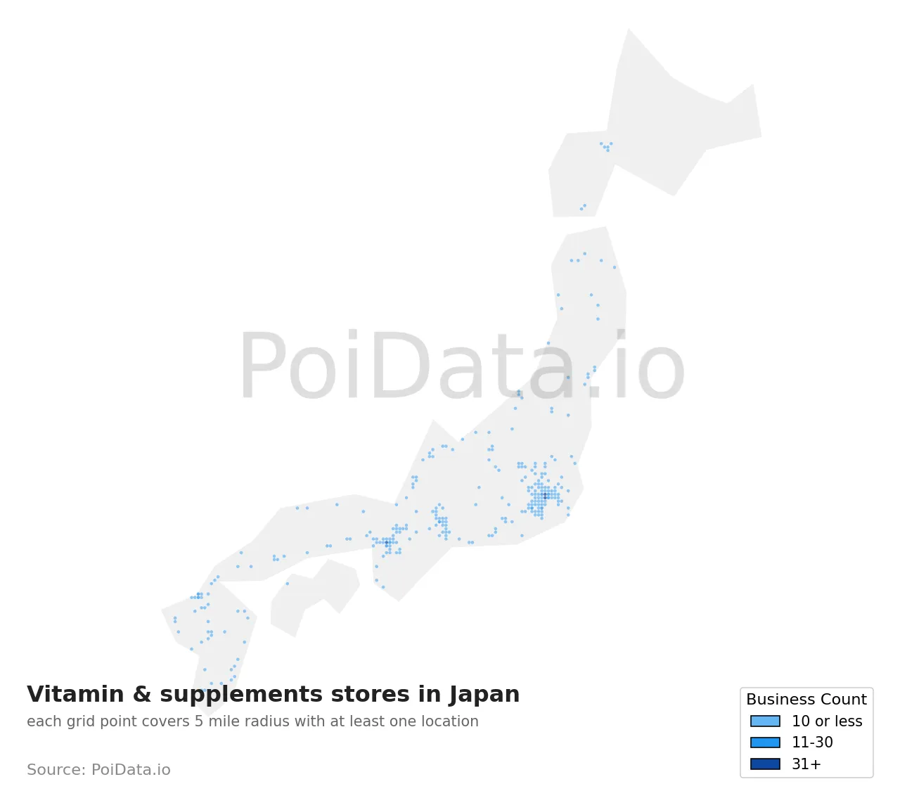 Vitamin & supplements store density map for Japan