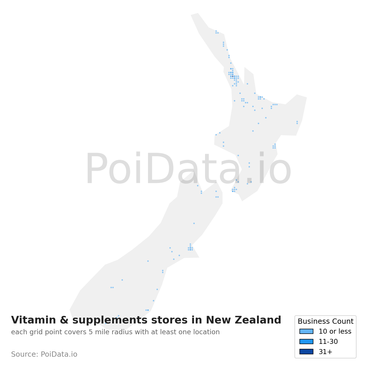 Vitamin & supplements store density map for New Zealand