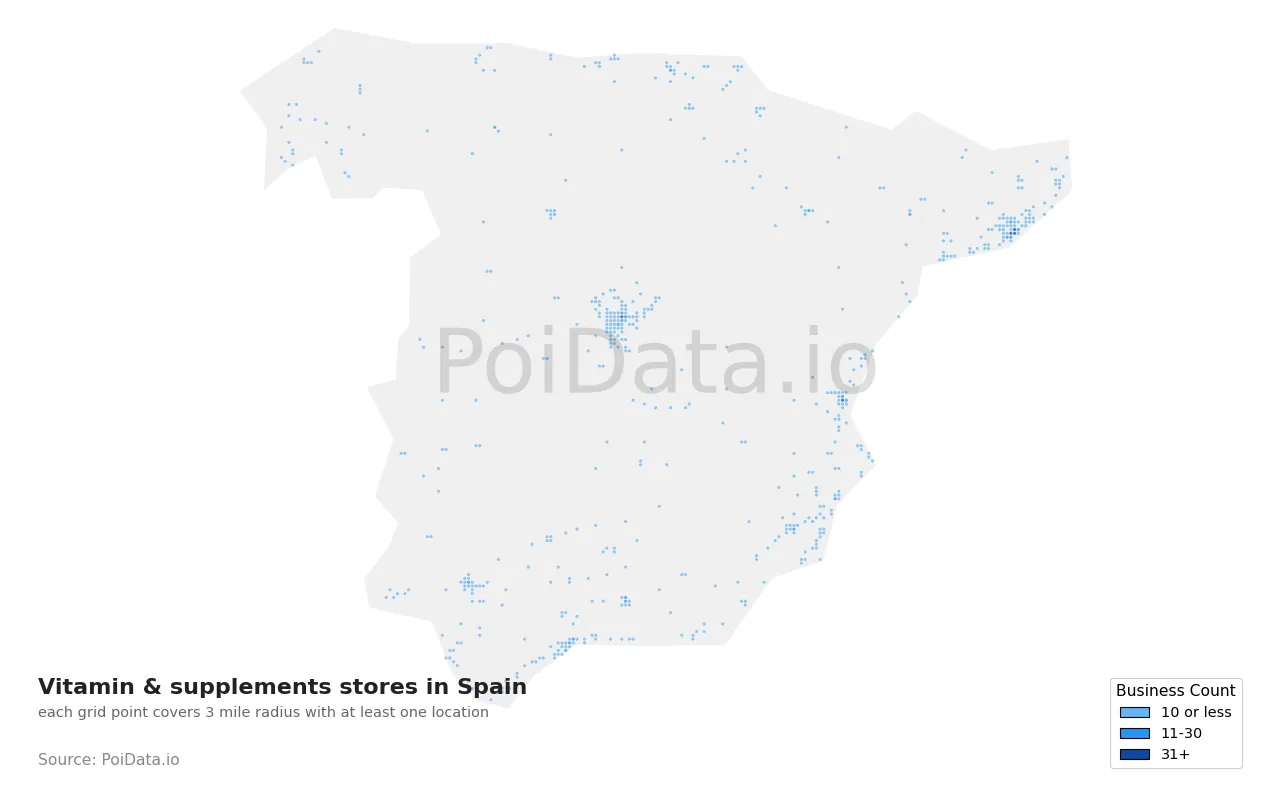 Vitamin & supplements store density map for Spain