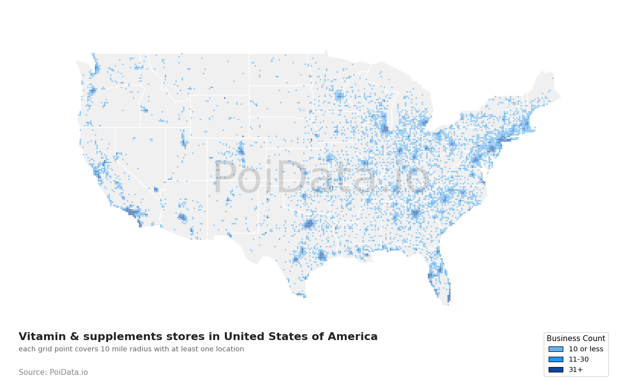 Vitamin & supplements store density map for United States