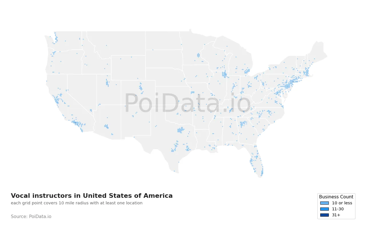 Vocal instructor density map for United States