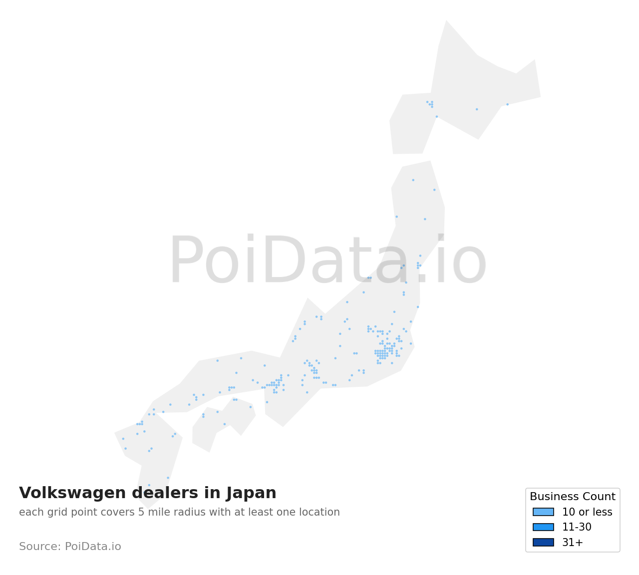Volkswagen dealer density map for Japan