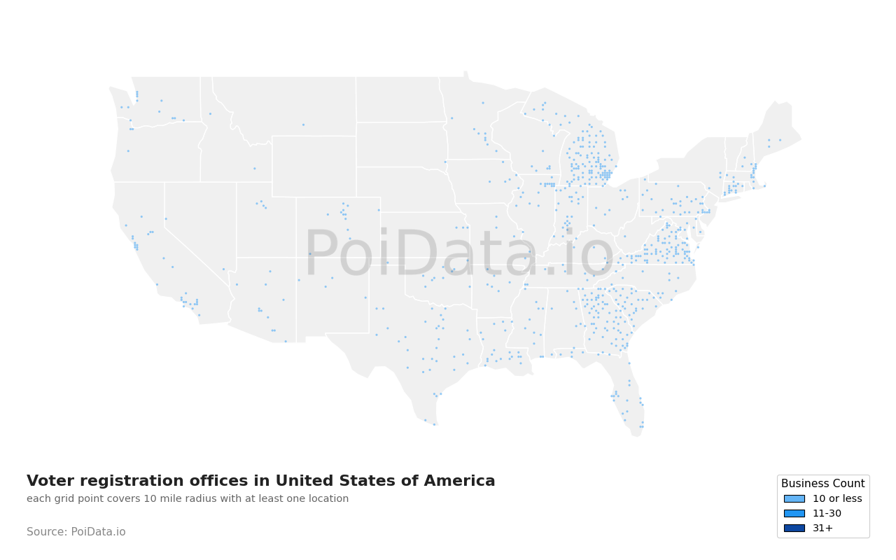 Voter registration office density map for Texas, United States