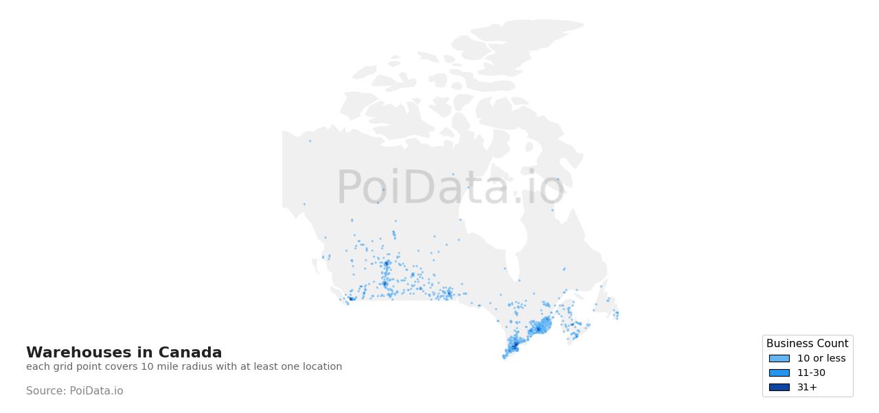 Warehouse density map for Canada