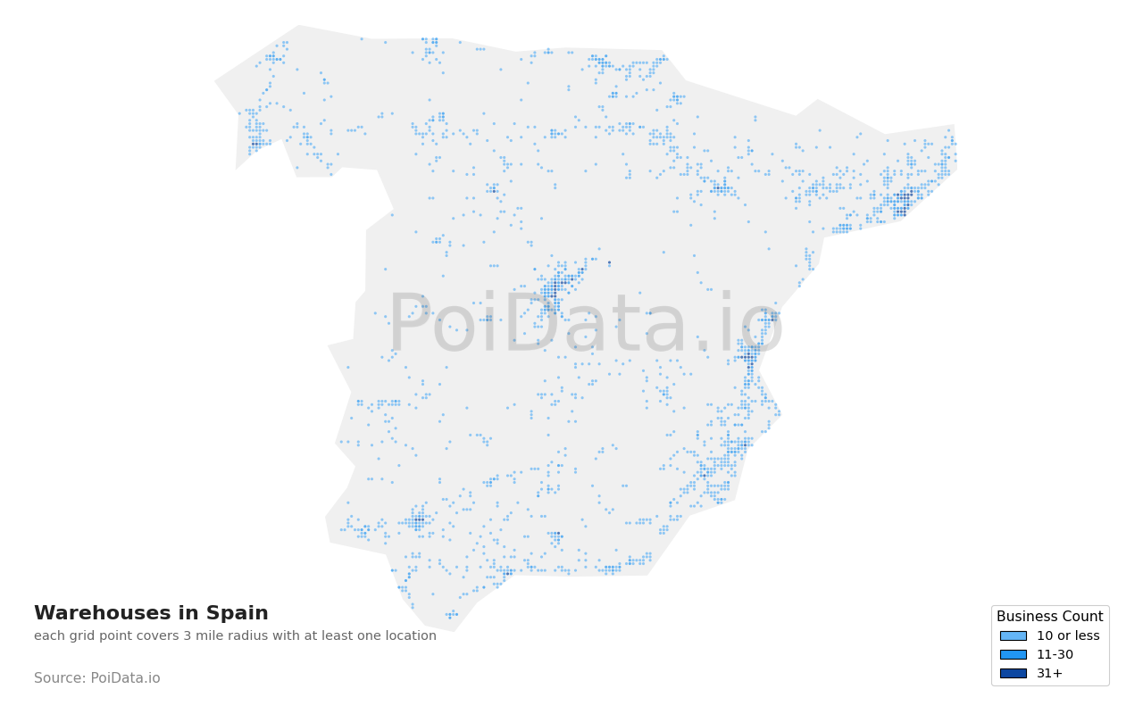 Warehouse density map for Spain