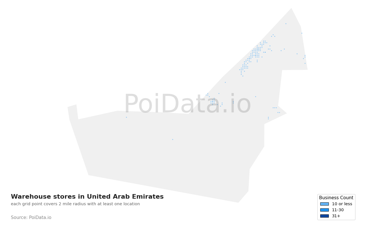 Warehouse store density map for United Arab Emirates