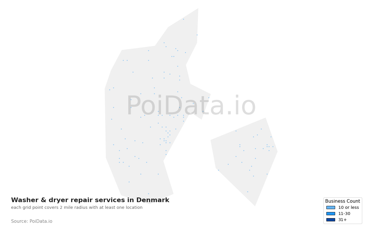 Washer & dryer repair service density map for Denmark